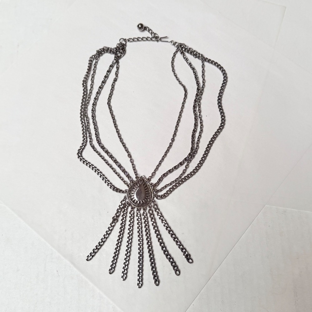 Gunmetal Multi Strand Layered Chain Bib Statement Necklace Teardrop Fringe Boho